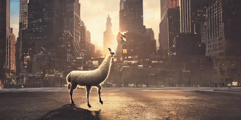 Image similar to a llama walking through a desolate manhattan city street at night, statue of liberty seen in the background, realistic 4 k octane beautifully detailed render, 4 k post - processing, highly detailed, detailed face, intricate complexity, epic composition, magical atmosphere, cinematic lighting, masterpiece, ultra hd