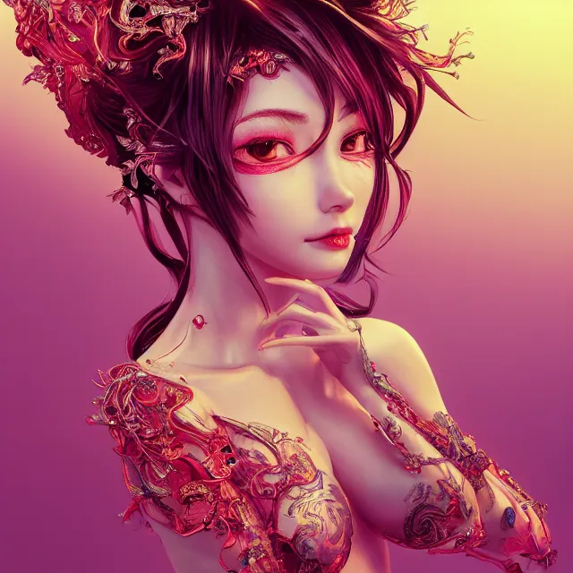 Prompt: an absurdly beautiful, elegant, young hypercolorful sensual gravure idol made of rubies and red gems, ultrafine hyperrealistic detailed face illustration by kim jung gi, irakli nadar, intricate linework, sharp focus, bright colors, matte, octopath traveler, final fantasy, unreal engine highly rendered, global illumination, radiant light, intricate environment