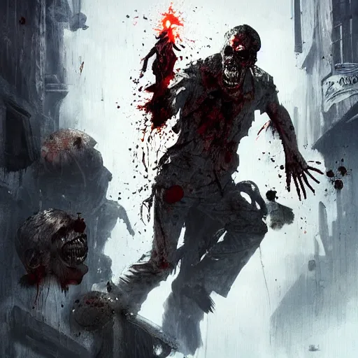 Image similar to a men shooting at a zombie the zombie head exploded because of the bullet by greg rutkowski