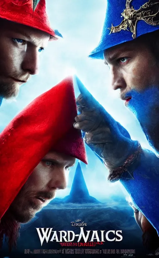 Image similar to a mind - blowing, epic movie poster, depicting a war between red and blue fantasy wizards, wearing wizard hats, magic, cinematic