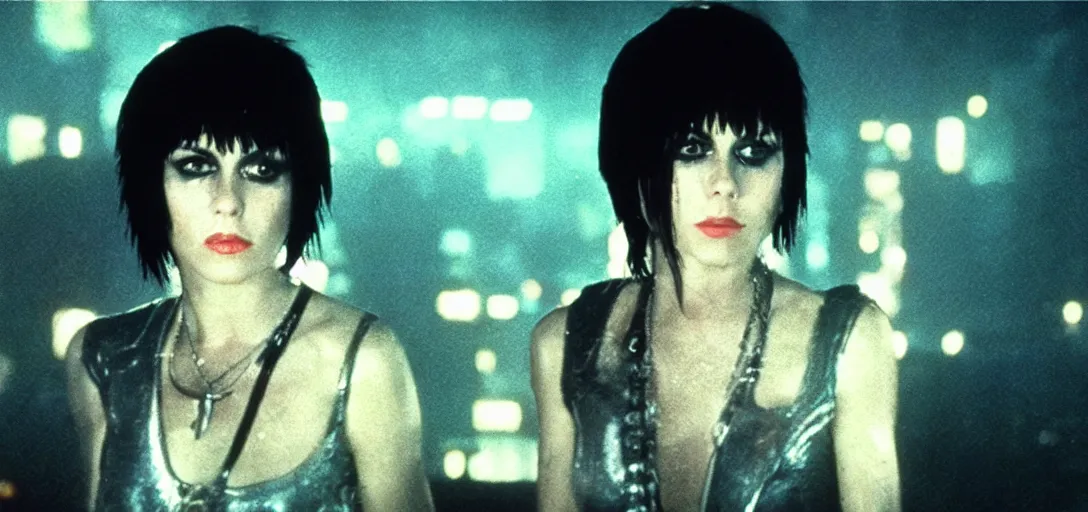 Image similar to a film portrait still of joan jett in blade runner, gritty cyberpunk atmosphere. realism, cinematic lighting, 4 k. 8 mm. grainy. panavision.