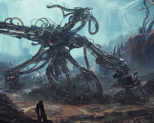 Image similar to beautiful picture of a giant octopus mecha, standing in a post-apocalyptic wasteland, anime style, art by Hajime Katoki, trending on artstation