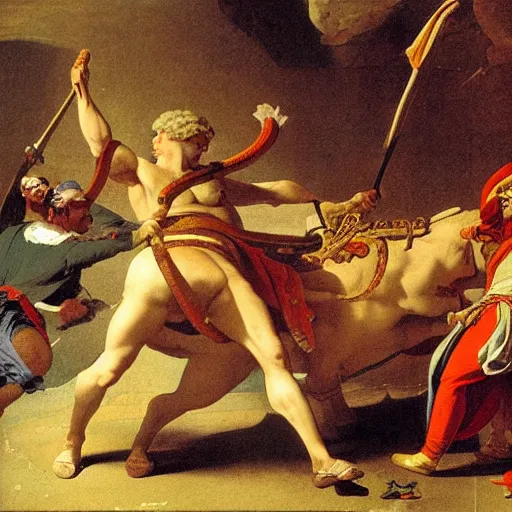 Prompt: mithras slaying the cosmic bull, as depicted by jacques - louis david