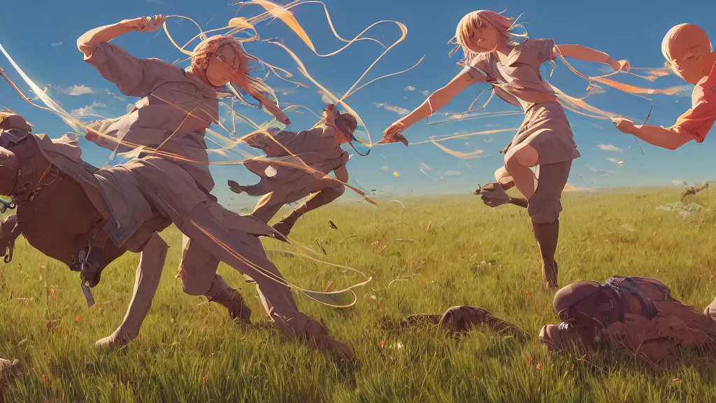 Prompt: highly detailed comic spread combination of art styles depicting an impactful action scene on open meadow clear sky at noon with expert design fictional characters, dynamic art by sakimi, bright colors, moebius, makoto shinkai, murata, james jean, craig mullins, digital painting, masterpiece, best selling, pixiv, volumetric lighting, realistic shaded lighting, 8 k