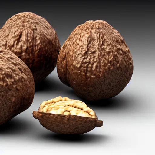 Prompt: 3 d render of 2 walnuts with eyes glaring at someone sitting down