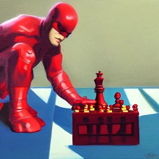 Prompt: painting of daredevil pondering next to a chess set, octane, painting by greg ruthowski, artstation, marvel