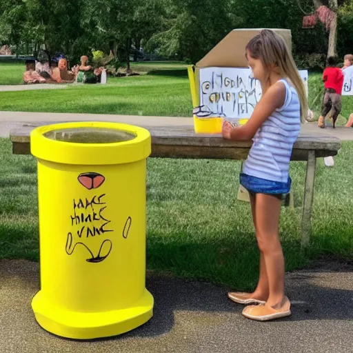 Prompt: a yellow human sized duck standing next to a children's lemonade stand