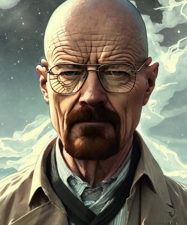 Image similar to Walter White as a nature prophet, sci-fi, amber eyes, face, long hair, fantasy, intricate, elegant, highly detailed, digital painting, artstation, concept art, smooth, sharp focus, illustration, art by artgerm and greg rutkowski and alphonse mucha