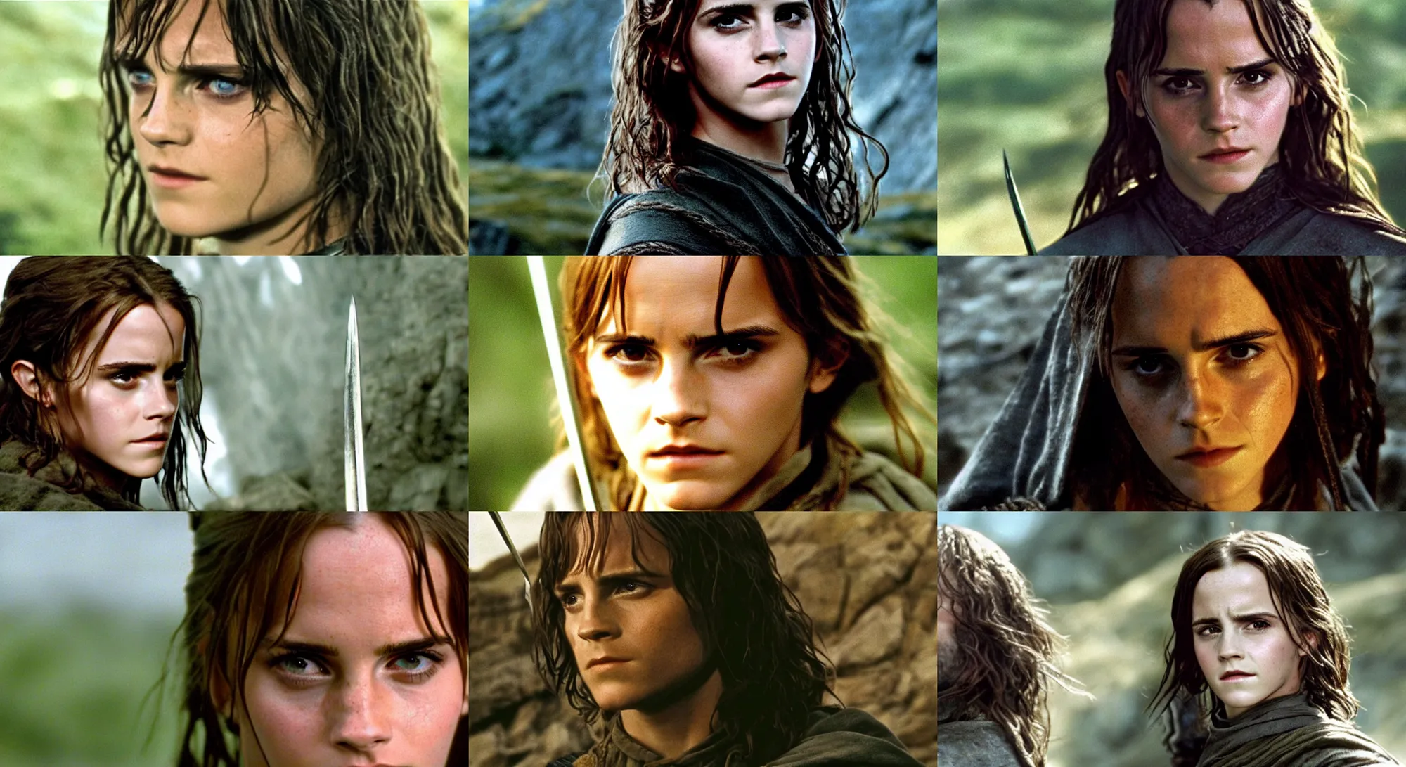 Prompt: medium shot of emma watson as aragorn in the lord of the rings : the fellowship of the ring ( 2 0 0 1 film ), detailed face, movie still frame, promotional image, arricam studio 3 5 mm footage