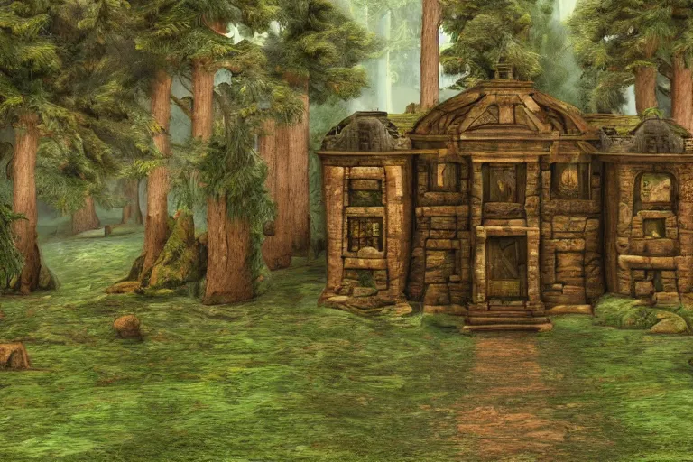 Prompt: photograph of a fantasy style woodland mansion with cogwheeled mechanic doors in an ancient forest