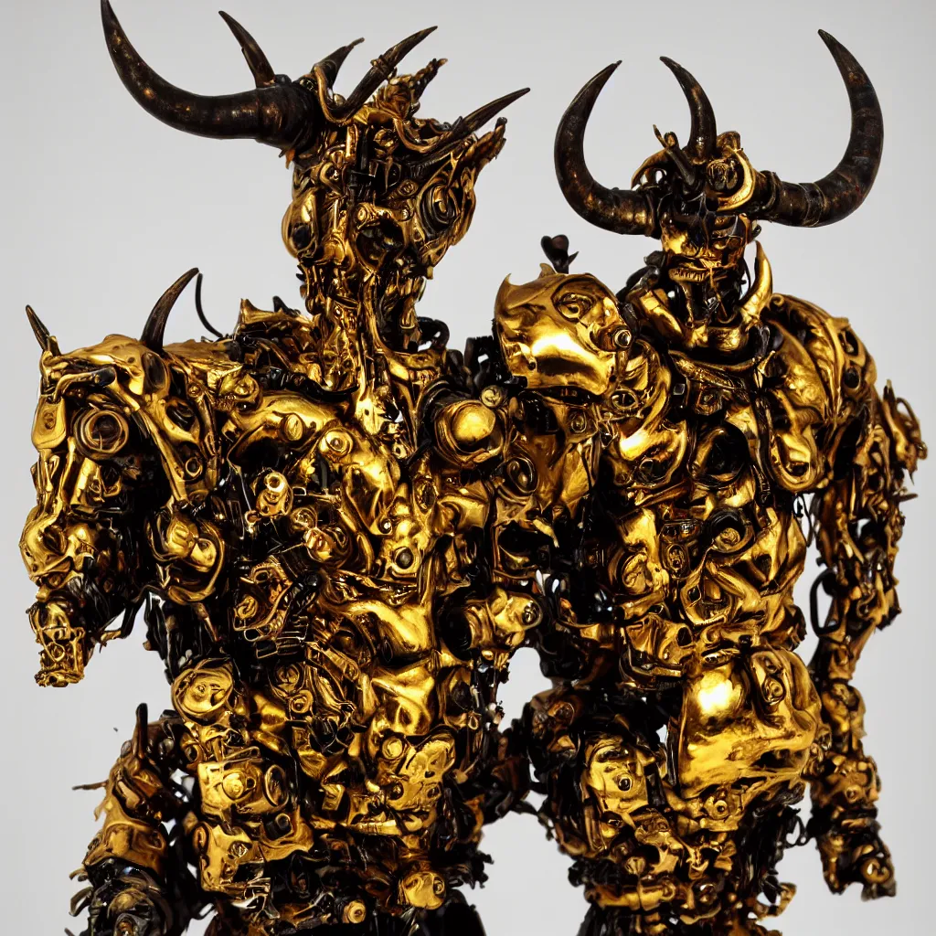 Image similar to a demented cyborg with gold horns, made out of liquid amber