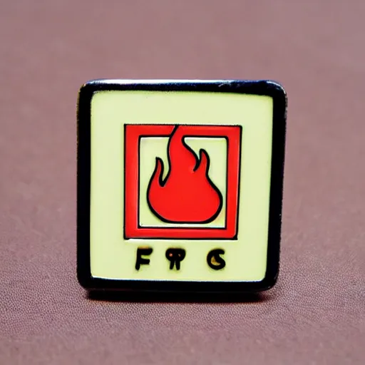 Image similar to a square enamel pin of a retro minimalistic 1 9 6 0 s fire flame warning label, smooth curves