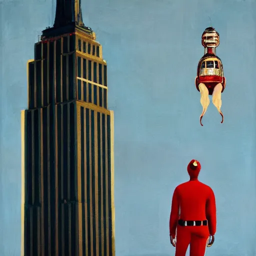 Prompt: Santa buzzing/flying past the empire state building whilst wearing his jetpack neil welliver robert rauschenberg greg rutkowski barnett newman giorgio de chirico simon stalenhag