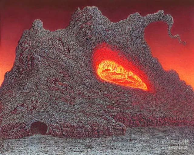 Image similar to A glacial castle surrounded by lava, digital art, Beksinski