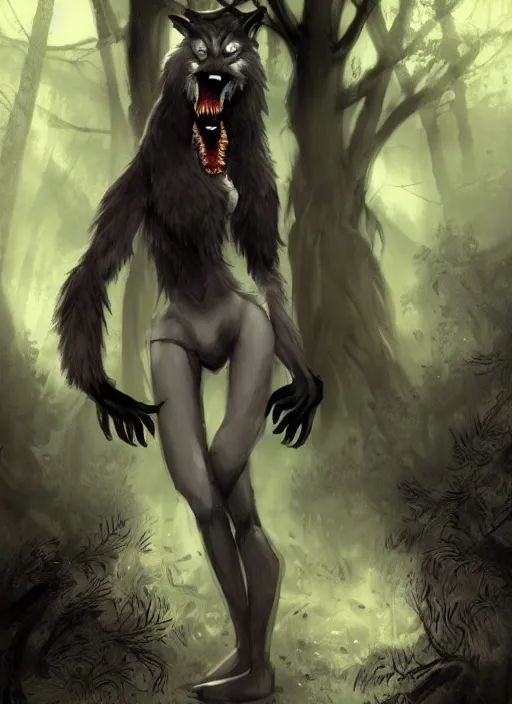 Prompt: werewolf girl in a dark forest, anthropomorphic, sharp teeth, trending on artstation