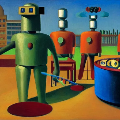 Prompt: infinite whack - a - mole with robots, grant wood, pj crook, edward hopper, oil on canvas