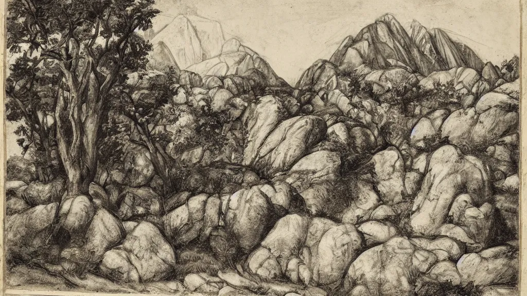 Prompt: a medieval chiaroscuro lithograph of a colossal granite sculpture garden by kurt seligmann and edward steichen, on a lawn, distant mountains, the merely beautiful bore me to death