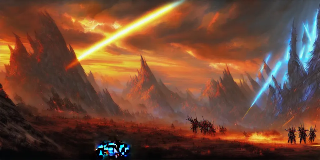 Prompt: guild wars 2, cinematic battlefield, god rays, digital art, high detail by Dan mumford