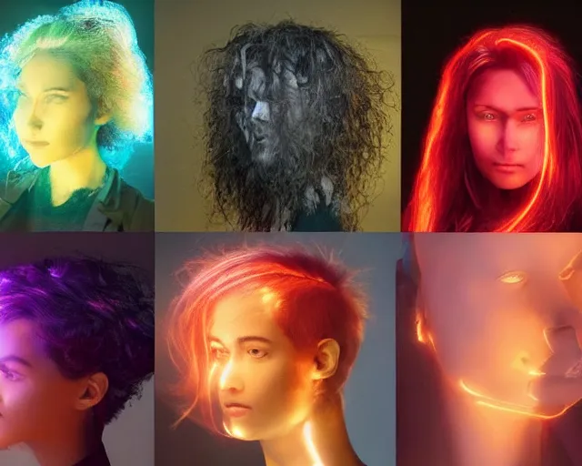 Image similar to glowing hair, complex cybernetic beings, *, * * *, * * * * *