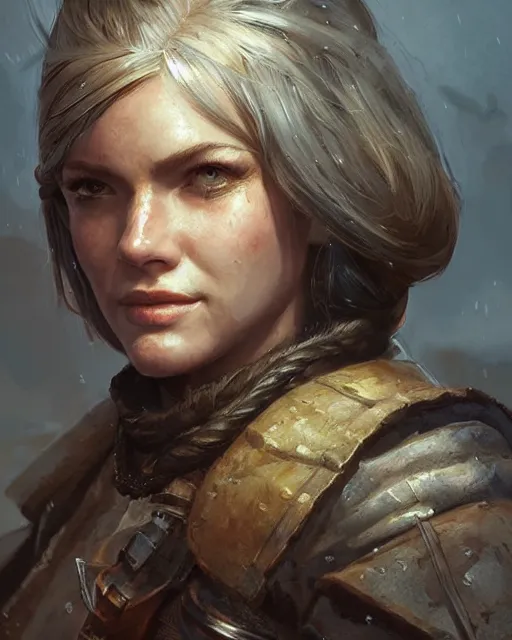 Image similar to the elder scrolls vi, charismatic rugged female nord warrior portrait, illustration, rim light, top light, perfectly shaded, golden hour, epic, intricate, soft painting, art by ross tran, krenz cushart and wenjun lin