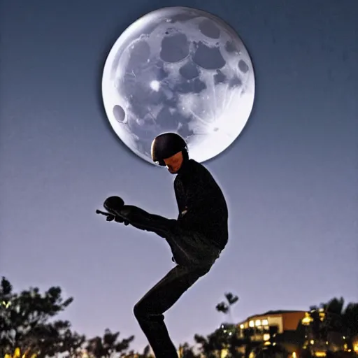 Prompt: tony hawk , skating in front of the moon