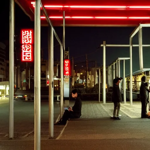 Prompt: a some people waiting in a lone bus stop in quiet dark city night in Genshin Impact, high quality, high resolution,detailed