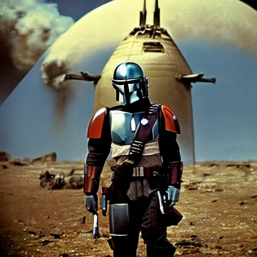 Prompt: mandalorian with atomic bomb explosion behind him, vintage color photo