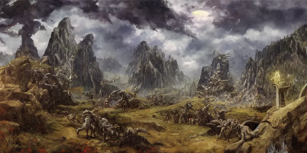 Image similar to epic fantasy landscape in the style of frank frezetta,