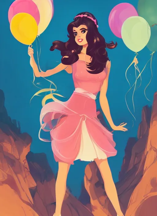 Prompt: woman resembling selena gomez dressed as a disney princess. balloons. clean cel shaded vector art. shutterstock. behance hd by lois van baarle, artgerm, helen huang, by makoto shinkai and ilya kuvshinov, rossdraws, illustration,