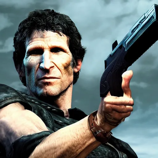 Image similar to todd howard pointing a gun towards the camera and forcing you to buy skyrim, threatening, sharp, cinematic, colorful, digital, neon, bright, cyberpunk