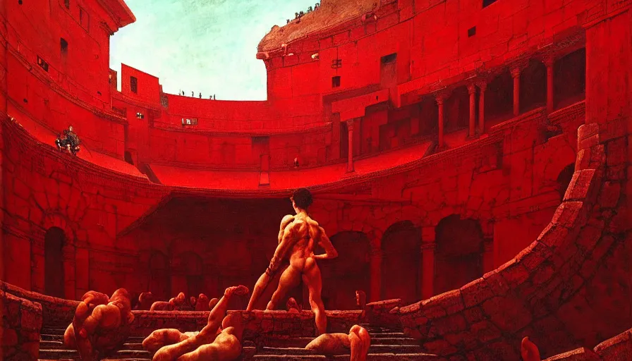 Prompt: only with red, a lightly armored gladiator in a crowded roman amphitheatre, crowd cheering, in the style of beksinski and edward hopper and rodcenko and yue minjun and cory loftis, intricate and epic composition, red by caravaggio, highly detailed, masterpiece, red light, artstation, art nouveau