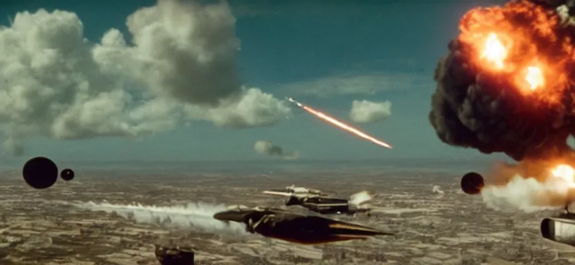 Image similar to a film still of an epic ww 2 space battle, explosions, wide angle, rule of thirds, colorful, thunderbirds, hbo, 4 k, hd, hyperrealistic, 7 0 mm, cronenberg