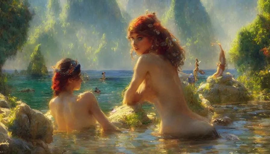 Prompt: enchanted liberland with pretty women enjoying water, hyperdetailed, artstation, painting by gaston bussiere, craig mullins, j. c. leyendecker r