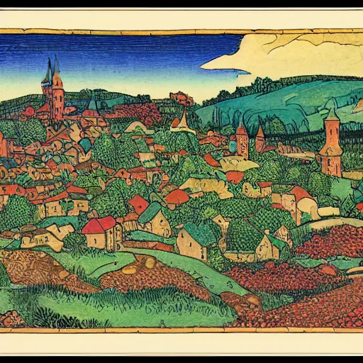Prompt: detailed print of a landscape of a medieval village and crops by ivan bilibin and edmund dulac and ilya kuvshinov and katsuhiro otomo. full color scheme