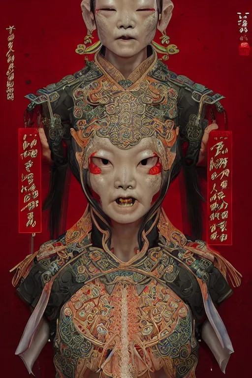 Prompt: ancient chinese zombies - body official clothes of the qing dynasty, symmetrical. sci - fi, tech wear, glowing lights, intricate, elegant, highly detailed, digital painting, highly detailed, digital painting, artstation, concept art, smooth, sharp focus, illustration, art by artgerm and greg rutkowski and alphonse mucha