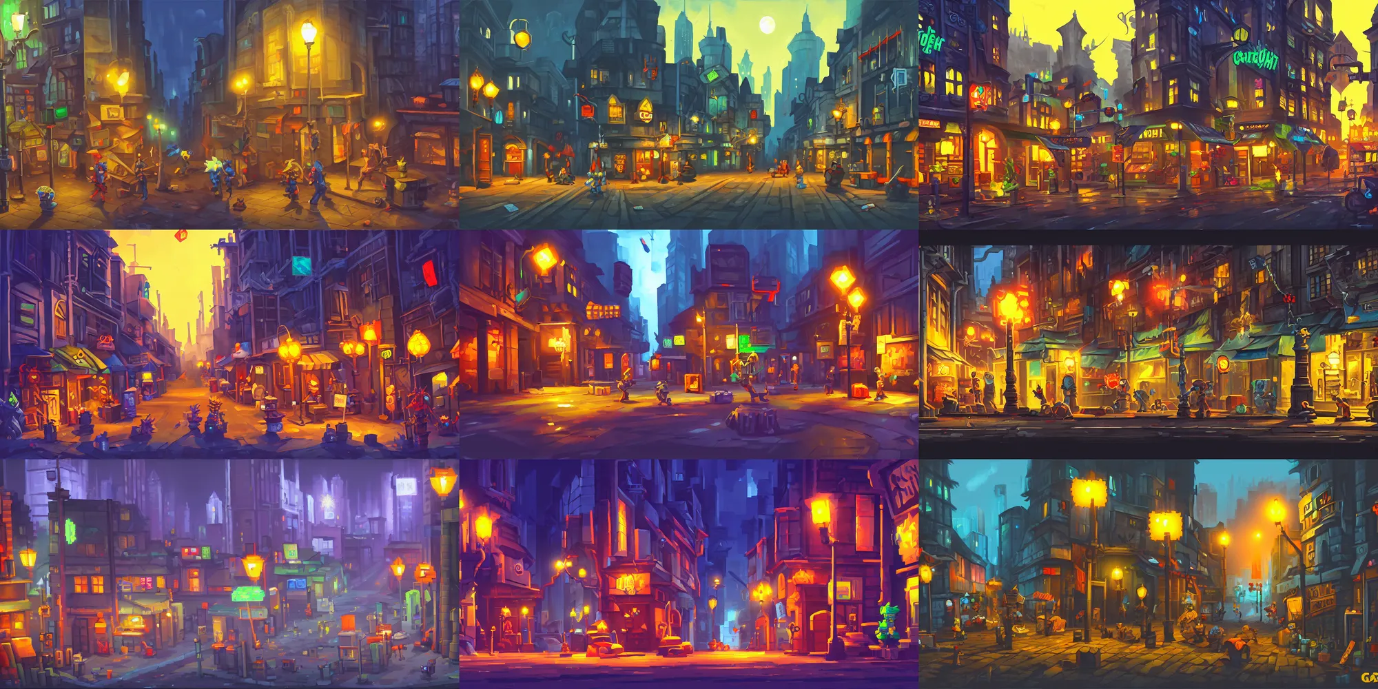 Prompt: game asset of city night street, props, in gouache detailed paintings, pixel art, dnd, acid