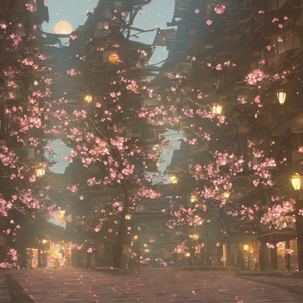 Prompt: Japanese street at night, cherry blossom petals, highly detailed, 3D render, digital art, artstation, 8K photography, matte photo-realistic, by Hayao Ghibli Miyazaki, breath of the wild style