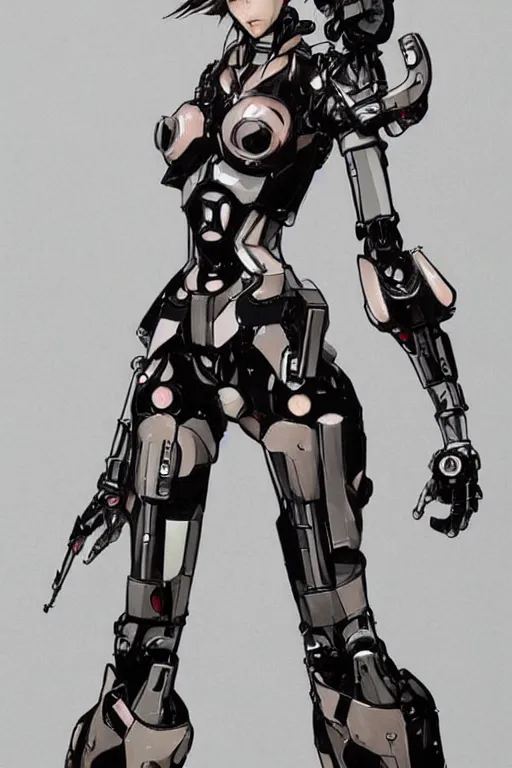 Image similar to feminine fashion robot character design by yoji shinkawa, sharp lines, highly detailed, full body shot