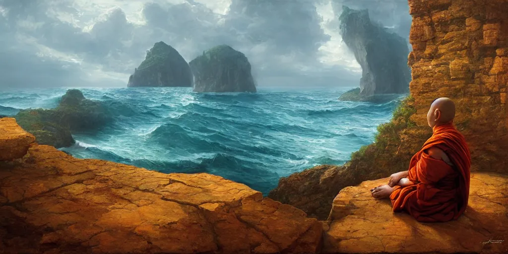 Image similar to A cliff with a narrow ledge looks out onto a vast ocean a monk sits on the ledge in the lotus position, Marc Simonetti, cinematic lighting, detailed oil painting, hyperrealistic, 8k