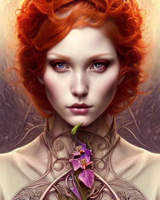 Image similar to Beautiful, evil and playful ethereal ginger portrait, art nouveau, fantasy, intricate flower designs, elegant, highly detailed, sharp focus, art by Artgerm and Alex Ross Tran and WLOP