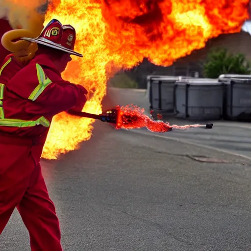 Image similar to a clown wearing firefighter clothes, using a flamethrower projecting a bright flame towards a dumpster fire