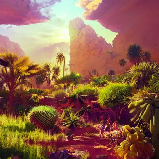 Image similar to a lush desert garden with bright colors, global illumination, dramatic sky and light rays, artstation, in style of greg rutkowski