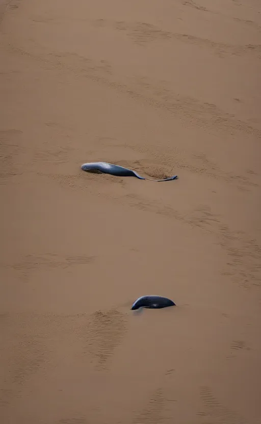 Prompt: giant whales in sand dunes, photography