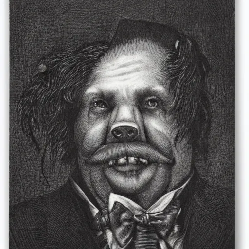 Image similar to a pig in a tuxedo, creepy atmosphere, dark, portrait, realistic portrait, close up, face, very realistic, illustration by Gustave Doré