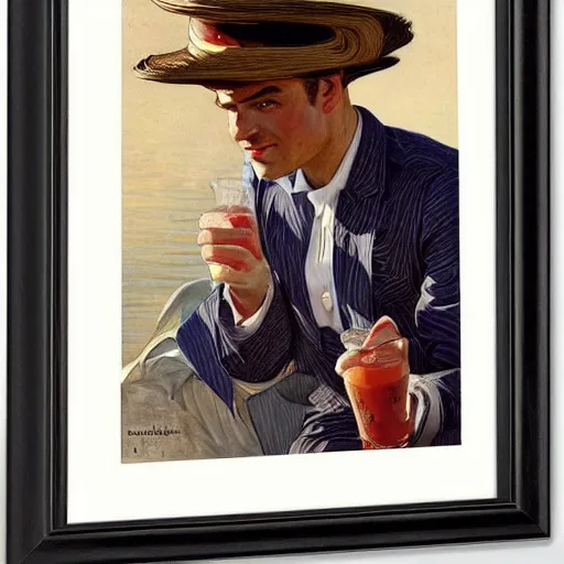 Image similar to a portrait of emmanuel macron wearing a straw hat in a scenic environment by j. c. leyendecker