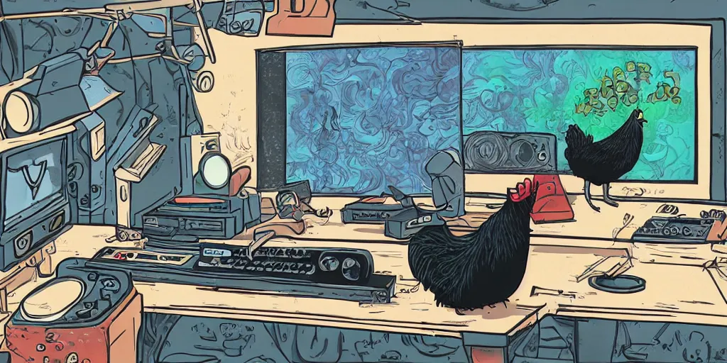 Image similar to 'black chicken'!!! smoking 'cannabis!!!!!!' in front of 'audio console'!!!! and 'multi monitors!!!!!!' in a tv broadcasting studio, artwork by James Gilleard