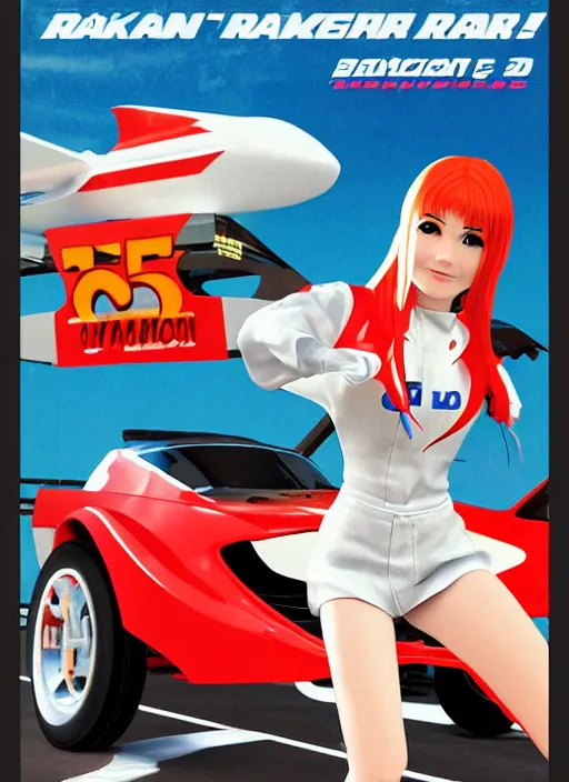 Prompt: Promotional poster 3D render from an old japanese racing game from the 90's depicting a girl dressed as a racing driver.