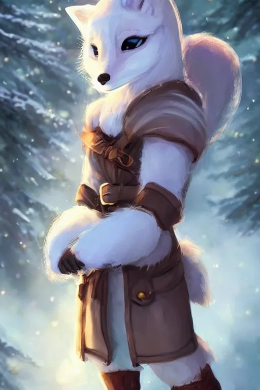 Image similar to a pretty medieval anthropomorphic snow fox ranger with a fluffy tail in the forest, comic art, trending on furaffinity, cartoon, kawaii, backlighting, furry art!!!, radiant light, bokeh, trending on artstation, digital art