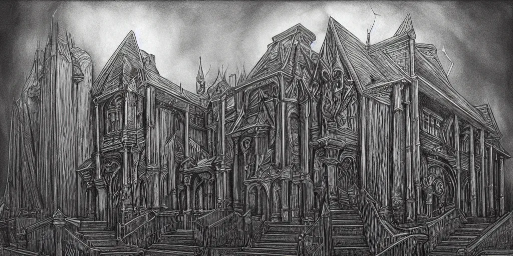 Image similar to charcoal high detailed art of monumental architecture inspired by h. p. lovecraft with gold contrast element