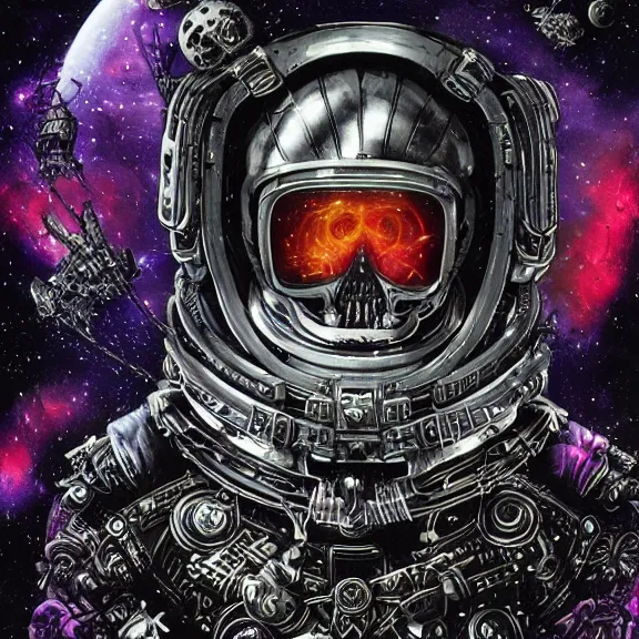 Prompt: a highly detailed space pirate portrait of an interstellar criminal radiating a dark unholy aura, a divine cosmic punisher, ornate black futuristic gothic armor, intricate broken space helmet, VR iridium visor, 8k, by Tristan eaton, Stanley Artgermm, Tom Bagshaw, Greg Rutkowski, Carne Griffiths, Ayami Kojima, Beksinski, Giger, trending on DeviantArt, face enhance, hyper detailed, minimalist, cybernetic, android, blade runner, full of colour,